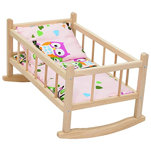 CuddlyZOO Wooden Pink Rocking Bed for Dolls - Pink Owl