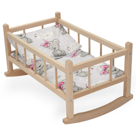 CuddlyZOO Wooden Pink Rocking Bed for Dolls - Teddy