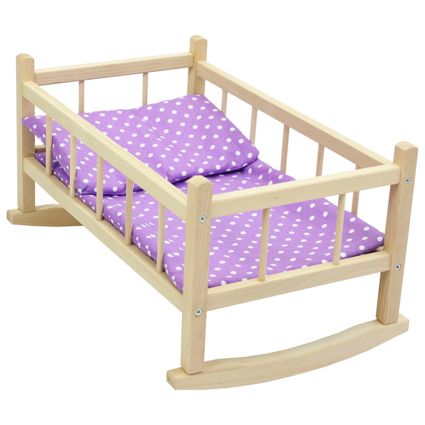 CuddlyZOO Wooden Pink Rocking Bed for Dolls - Purple polka dots