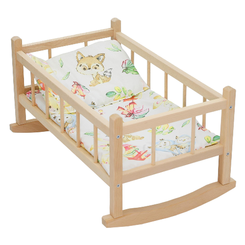 CuddlyZOO Wooden Pink Rocking Bed for Dolls - Foxes