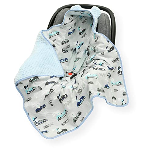 Olobaby Minky Car Seat Blanket with Hood - Blue Cars