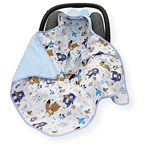 Olobaby Minky Car Seat Blanket with Hood - Blue Animals